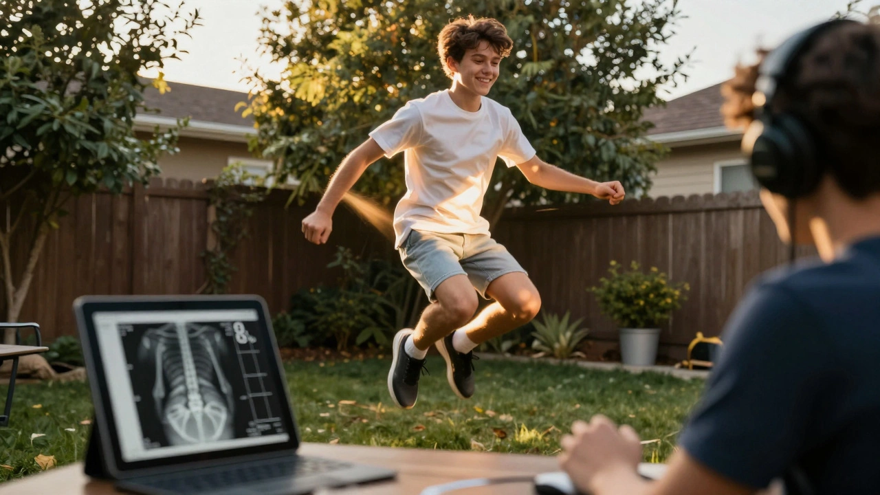 A young person jumping in sunlight outside, smiling, with a bone scan showing improvement on a tablet.