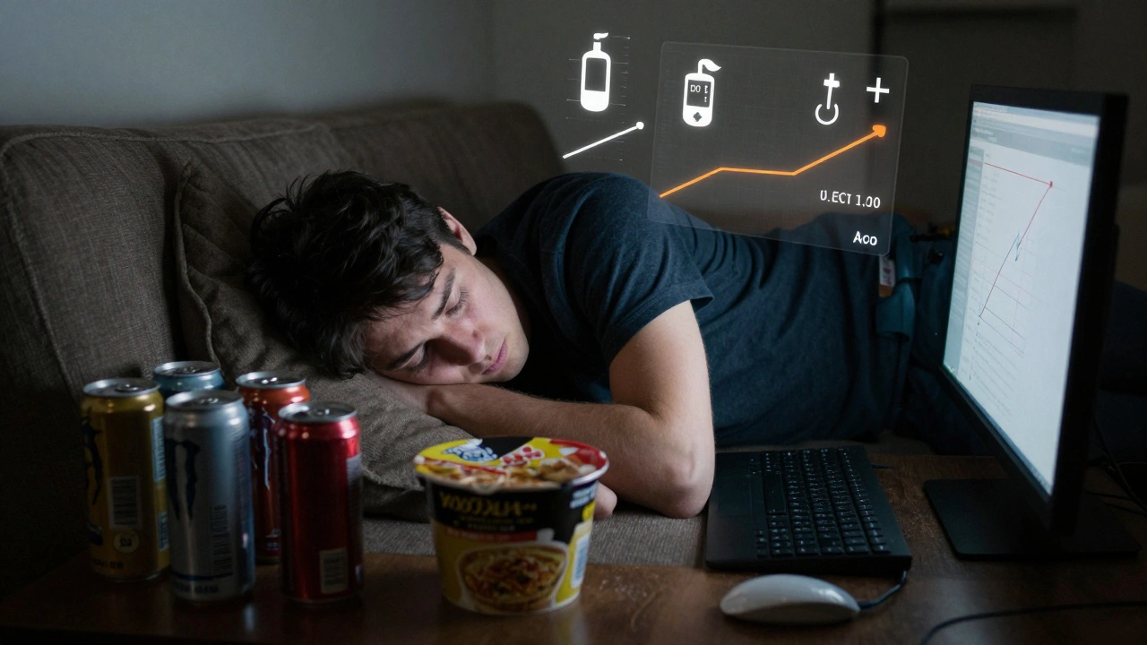 A young person on a couch at dawn, surrounded by gaming snacks, with glowing blood sugar indicators above them.