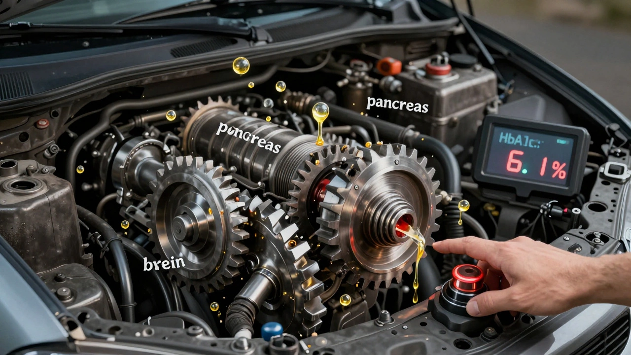 An overheating car engine with labeled organs, oil dripping as stress hormones, dashboard showing high blood sugar.