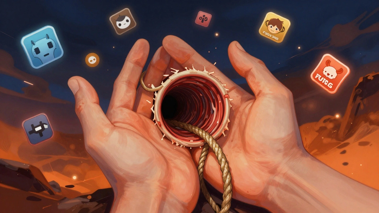 Anatomical illustration of a frayed tendon caught in a narrow tunnel, surrounded by gaming icons.