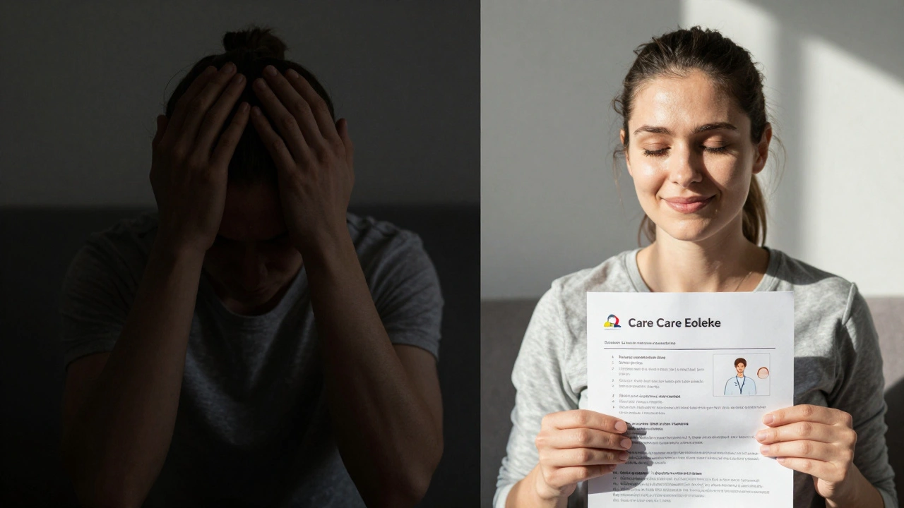 Before and after scene: someone in distress transitioning to calm after a telehealth session, holding a care plan with morning light.