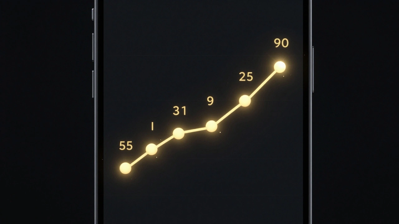 Digital streak tracker on a phone screen glowing with golden icons and subtle dopamine sparkles.