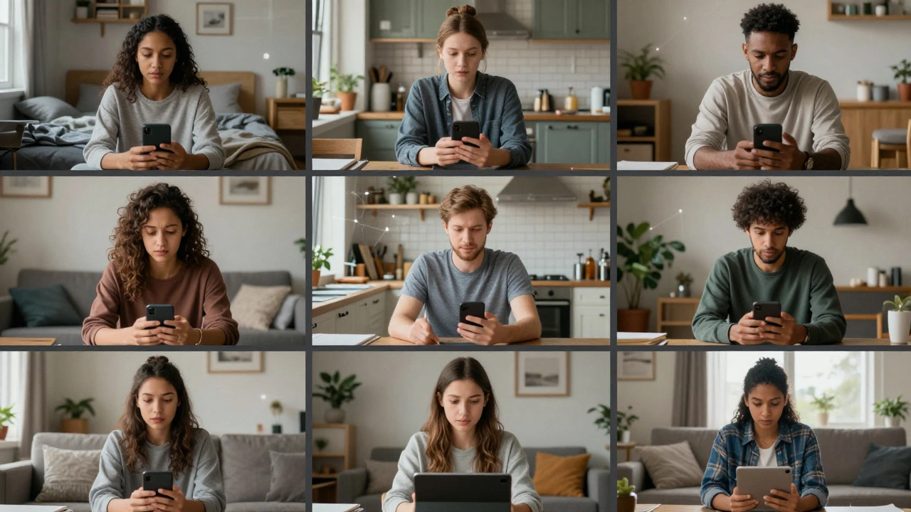 Diverse individuals across different homes connecting via telehealth for mental health urgent care, each in a personal, intimate moment.