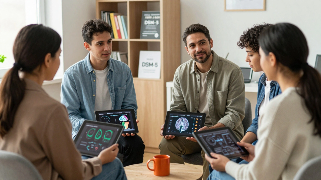 Four adults in a therapy session, quietly engaging with digital representations of their gaming behaviors.