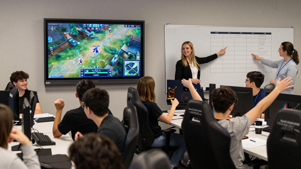 High school esports club meeting with teacher and health coach reviewing schedule and trophy.