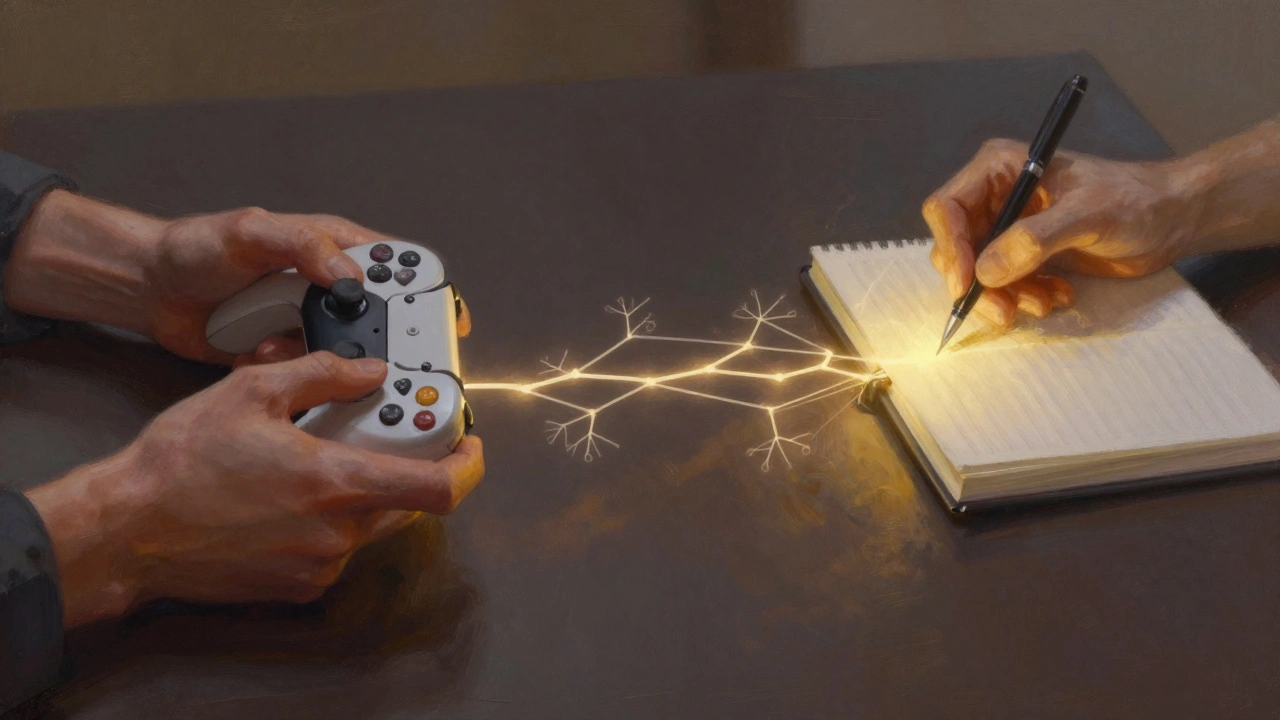 One hand holds a game controller, the other a journal, as neural pathways slowly reconnect between them in a symbolic recovery scene.