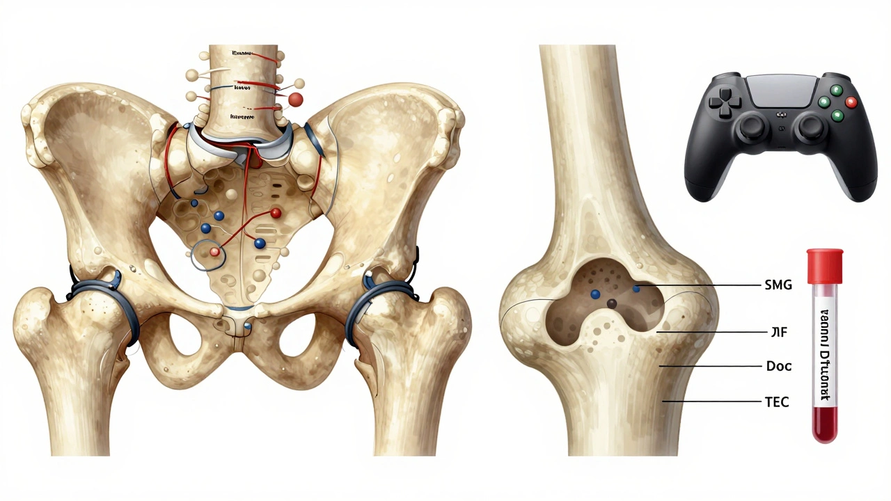 Side-by-side bone cross-sections: one healthy, one weakened, with gaming controller and blood test nearby.
