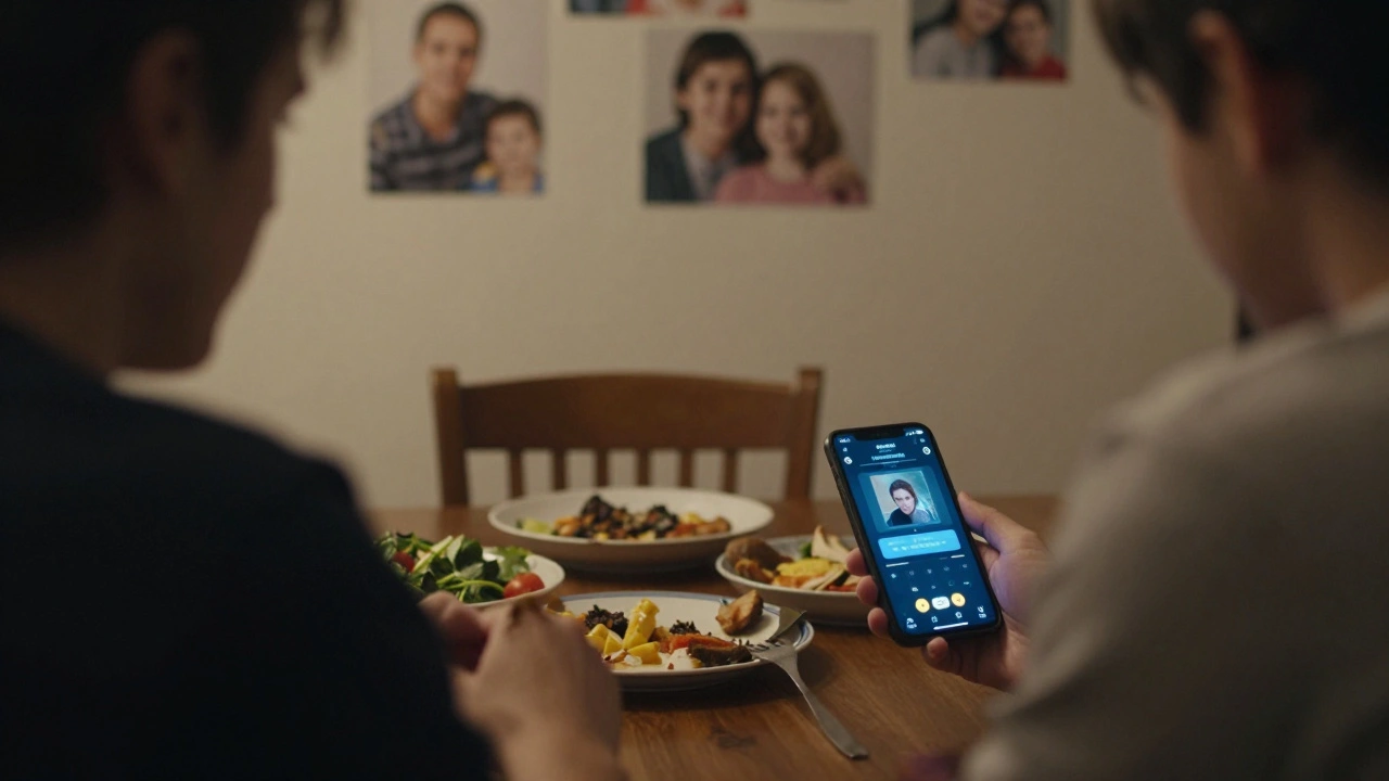 Someone ignoring a meal while engrossed in a mobile game, with faded family photos on the wall in the background.