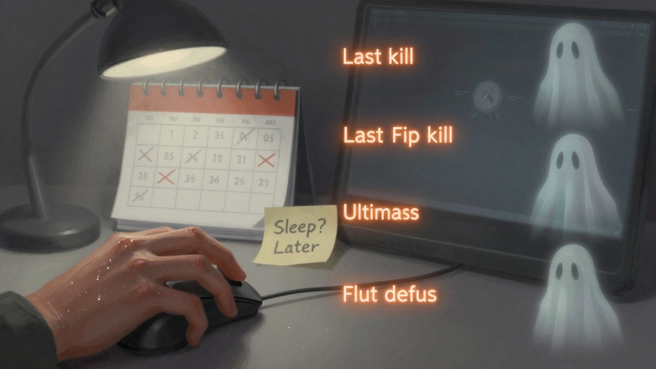 Split-screen showing a player's hand and ghostly flashes of near-miss losses from past games.