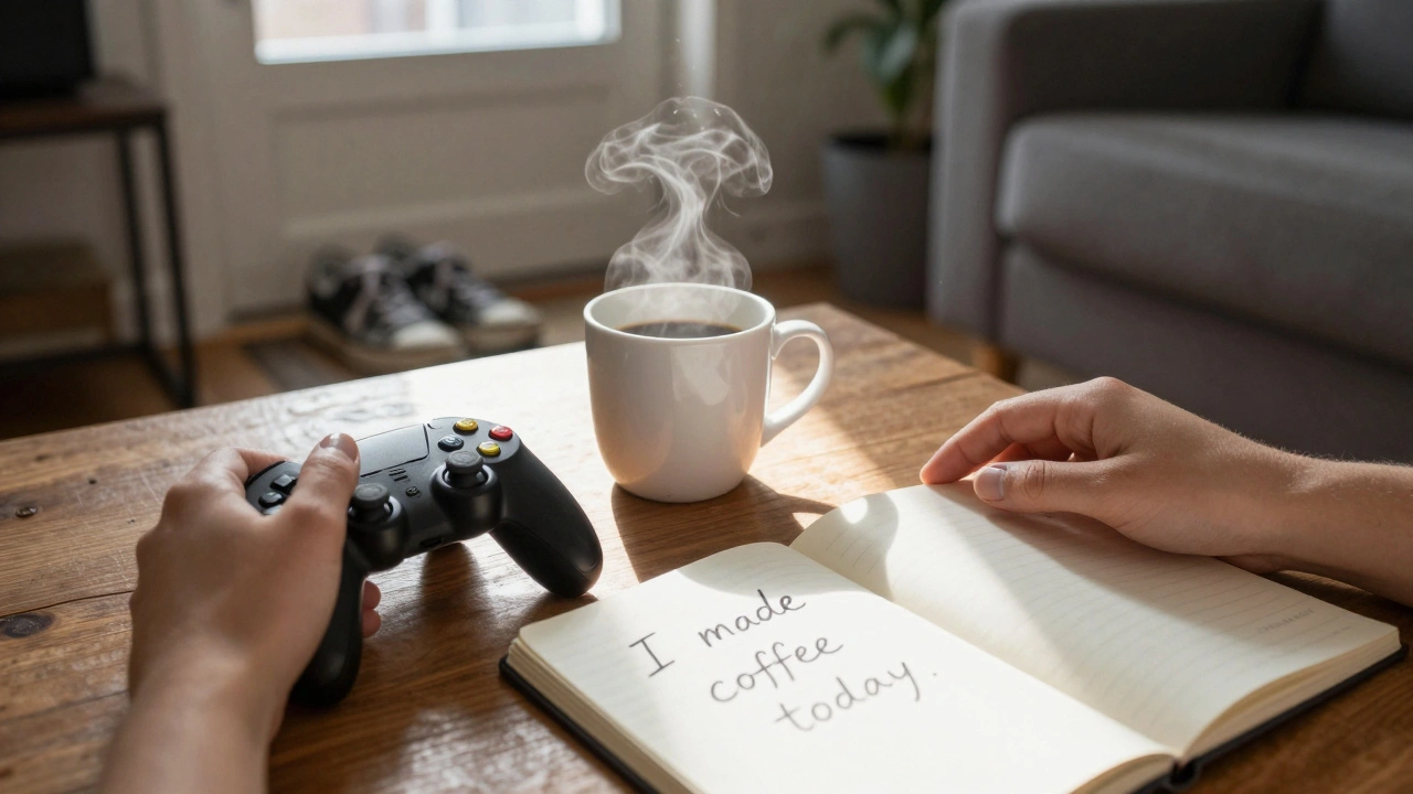 A controller placed beside a cup of coffee and an open journal, with sunlight streaming through a window.