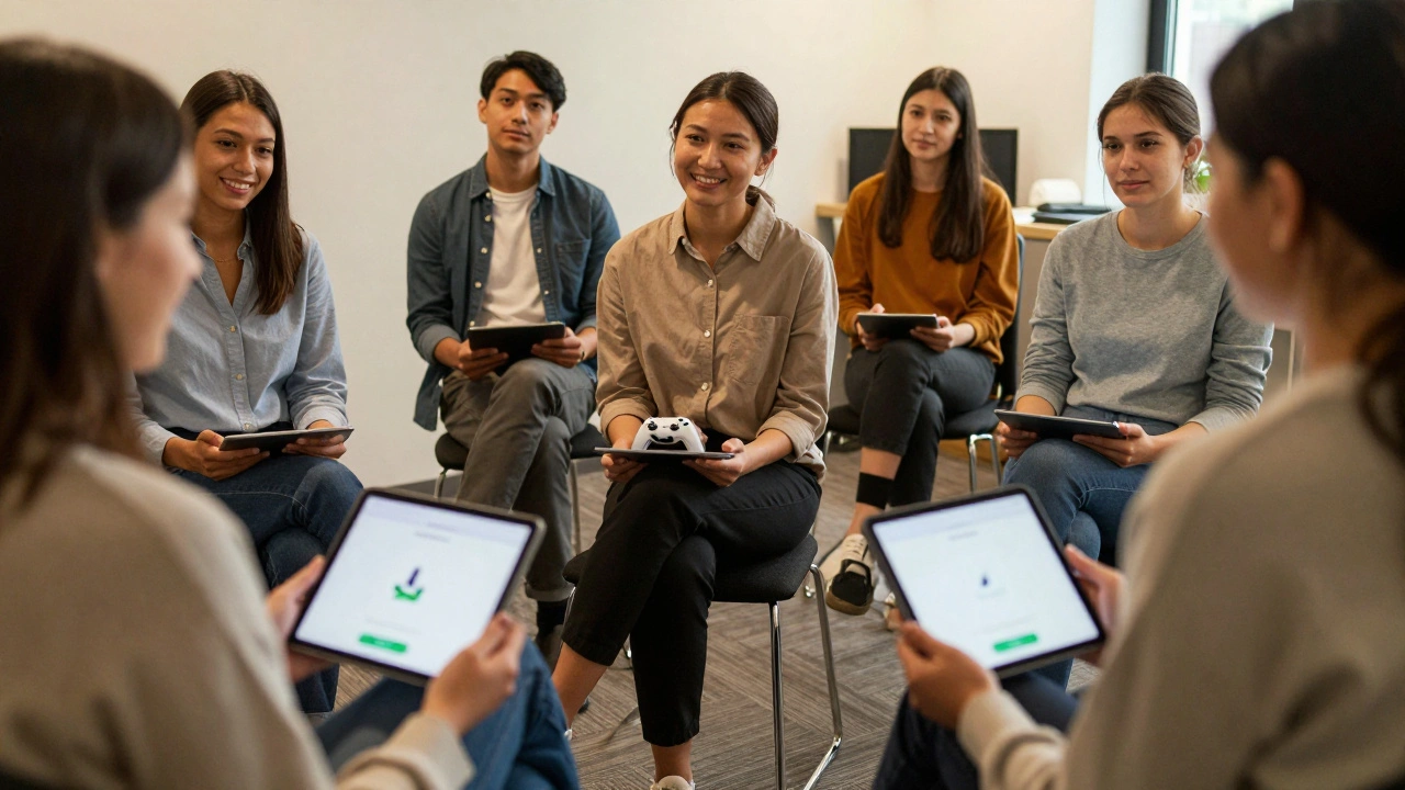 A diverse group of adults in a calm wellness room, using apps to manage gaming habits, with a counselor offering quiet support.