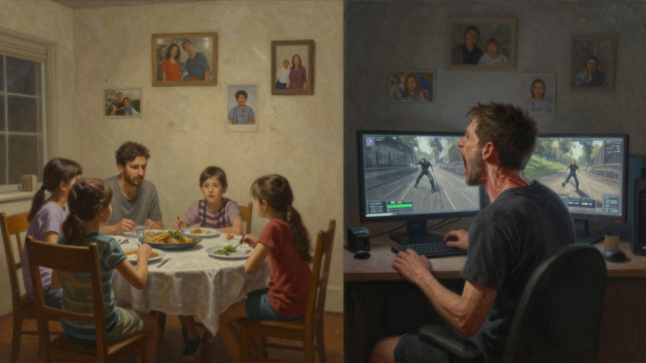 A family at dinner while the same person yells in a dark gaming room, photos on the wall fading behind him.