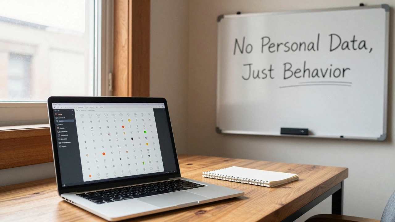 A game developer's desk with anonymous player data displayed on screen, emphasizing ethical design without personal identifiers.