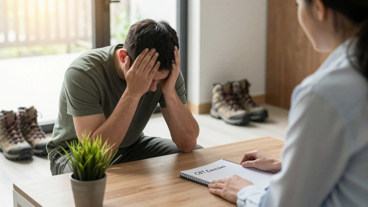 A man in therapy, head in hands, with hiking boots nearby—sunlight symbolizing hope and recovery.