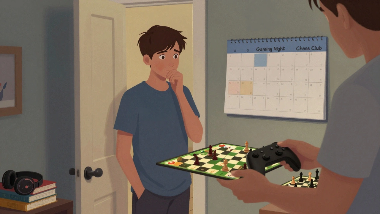 A parent offering a board game and controller together to their teen, with a shared calendar visible.