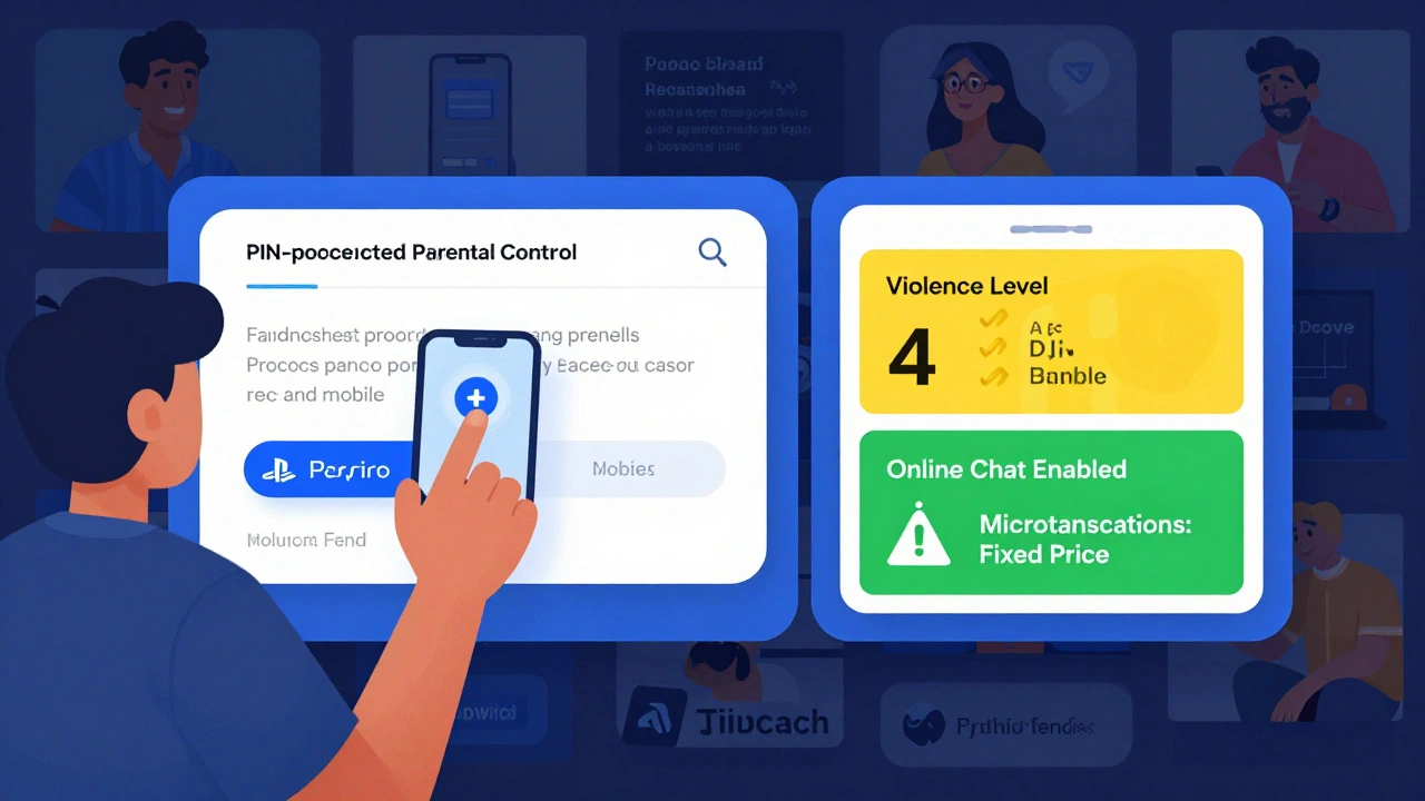 A parent using a PIN-locked parental control system to approve a game with clear content labels.