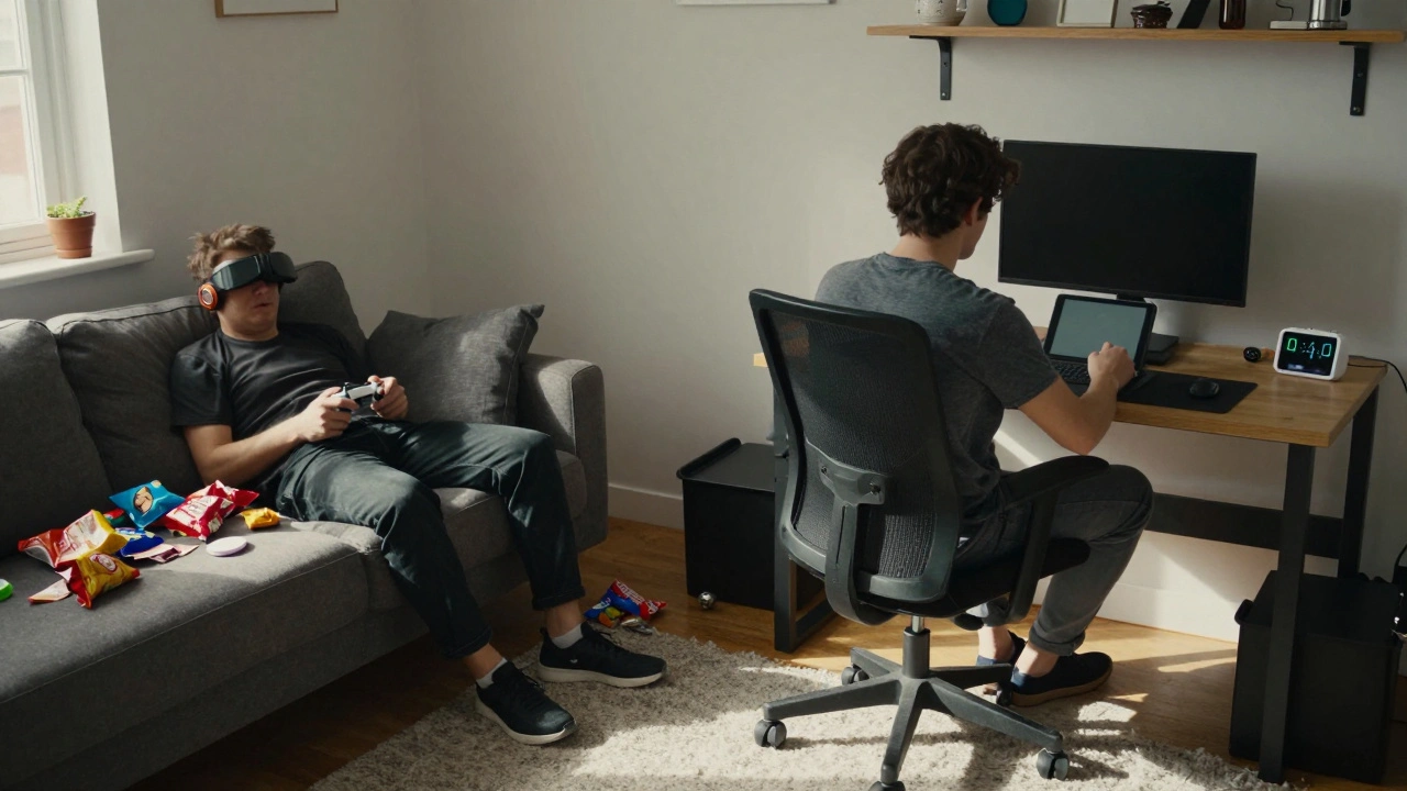 A person at a structured gaming station with a timer, contrasting with a chaotic couch setup, showing habit redesign.