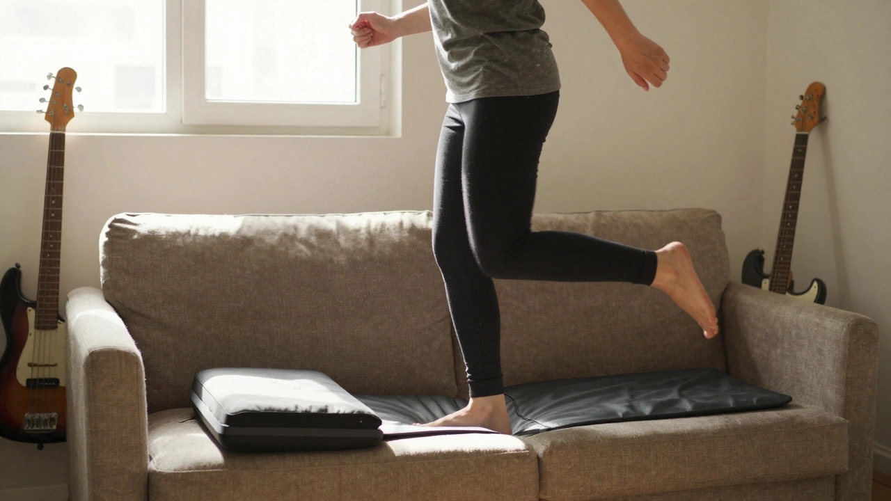 A person mid-movement in a calm room, with a bass guitar and weighted pad nearby, symbolizing healthy replacement for gaming.