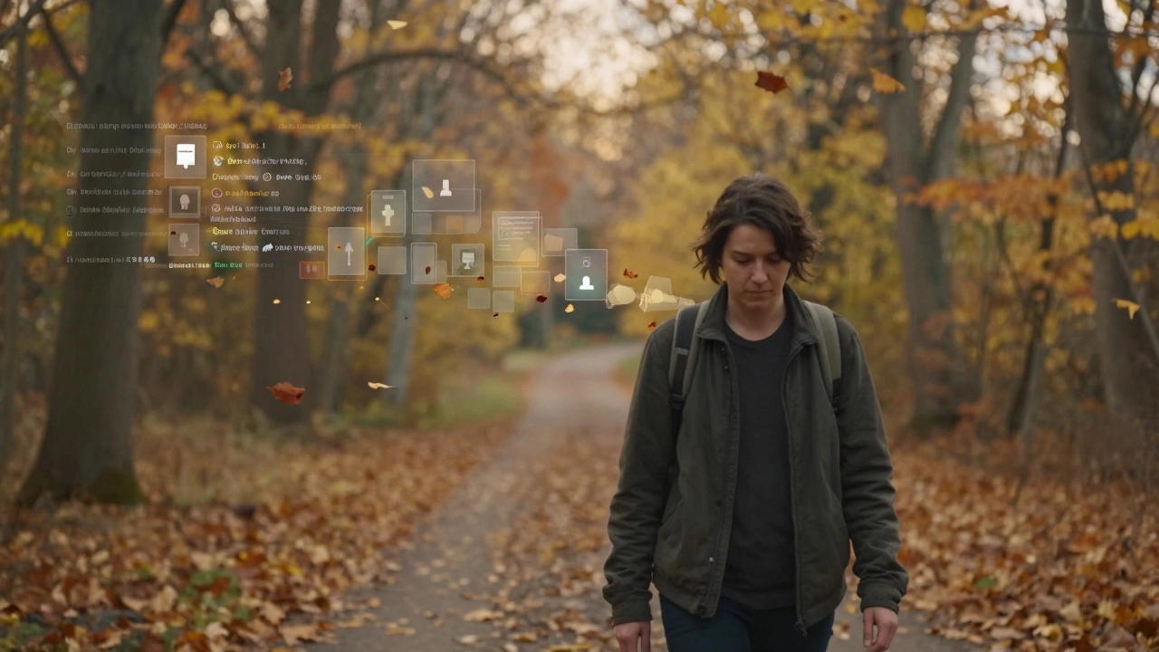 A person walking in nature as digital game effects fade away among falling leaves, symbolizing mental recovery.