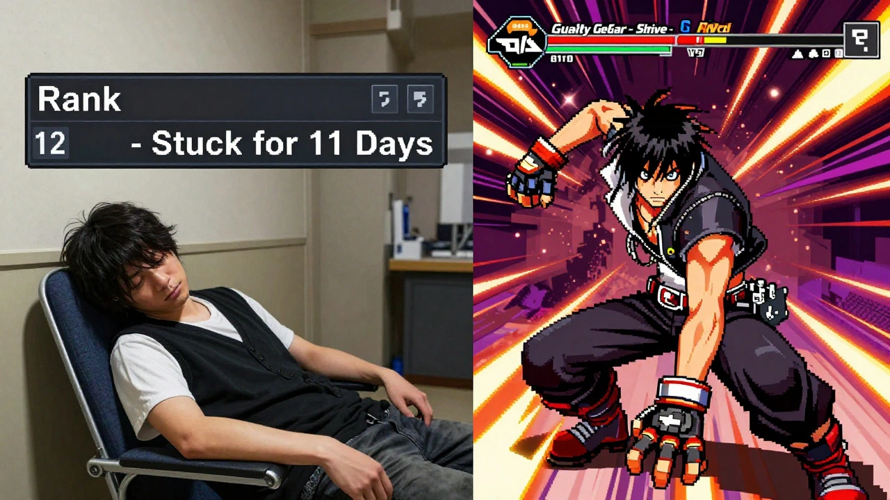 A player exhausted at their desk, staring at a ranked leaderboard while mid-match in Guilty Gear -Strive-.