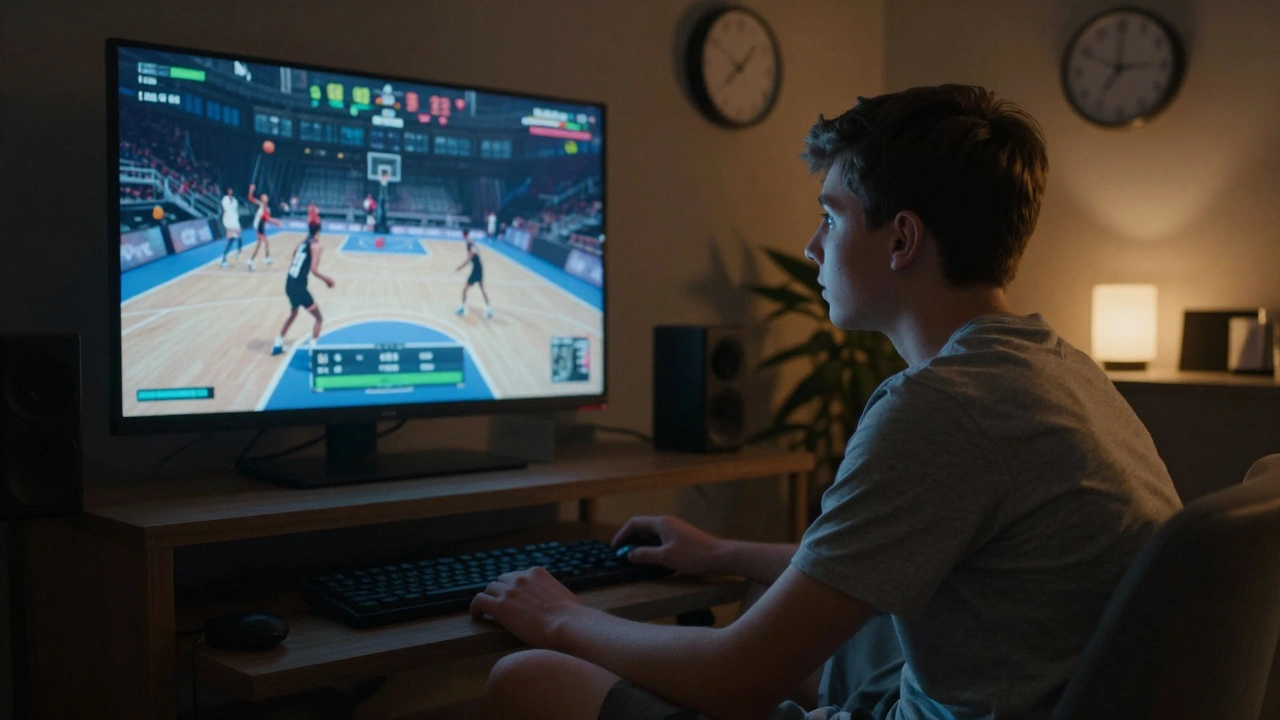 A teen alone in a dark room, intensely focused on a glowing game screen while friends play outside under a night sky.