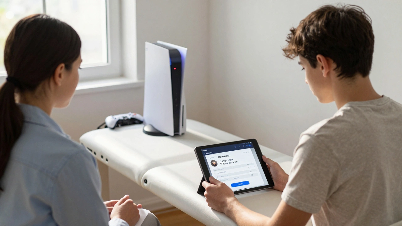 A teen and therapist reviewing gaming usage data on a tablet during a counseling session.