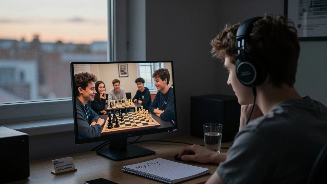 A teen gaming alone at dawn, a photo of them at a chess tournament on the desk beside a therapist's card.
