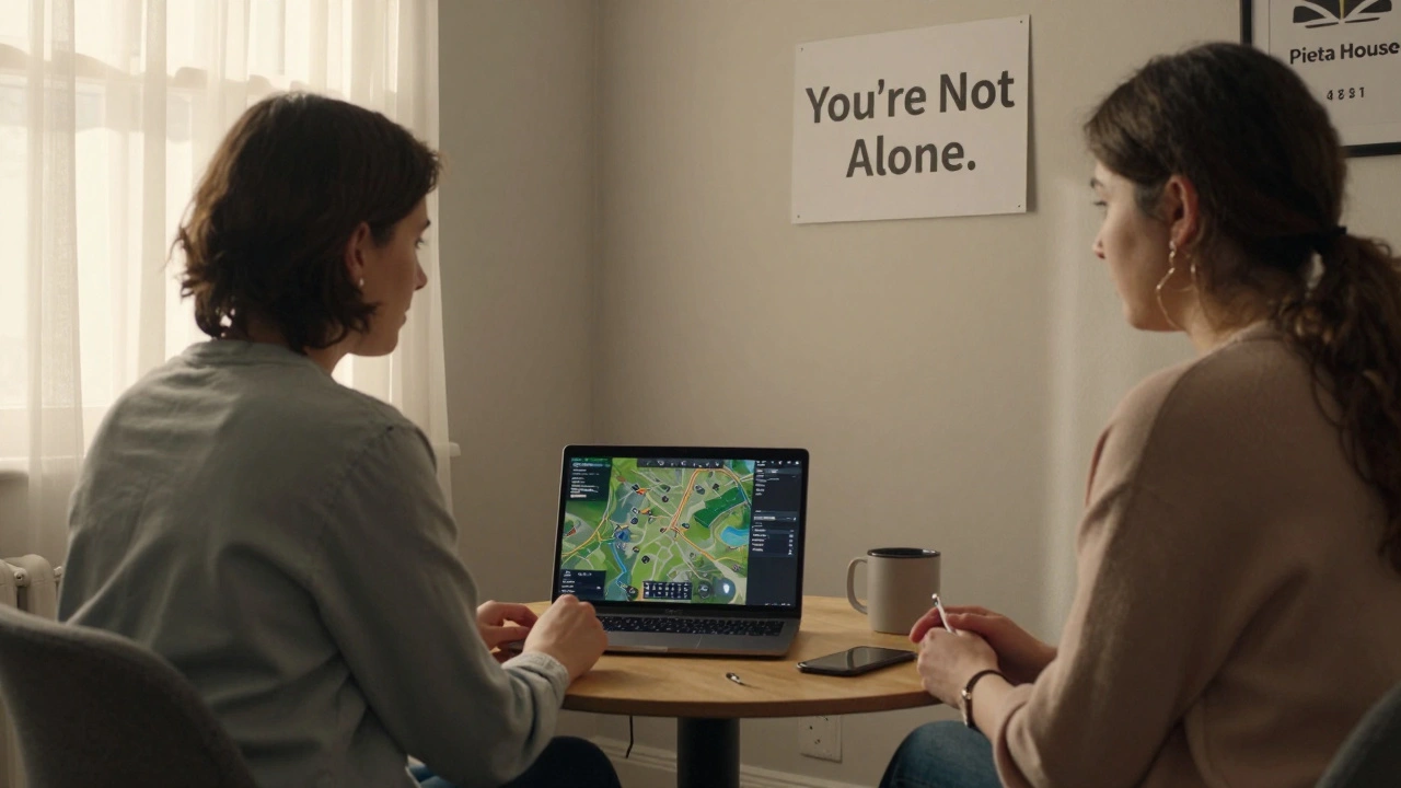 A therapist and client talking calmly in a cozy room, with a gaming map visible on a laptop as a tool for conversation.