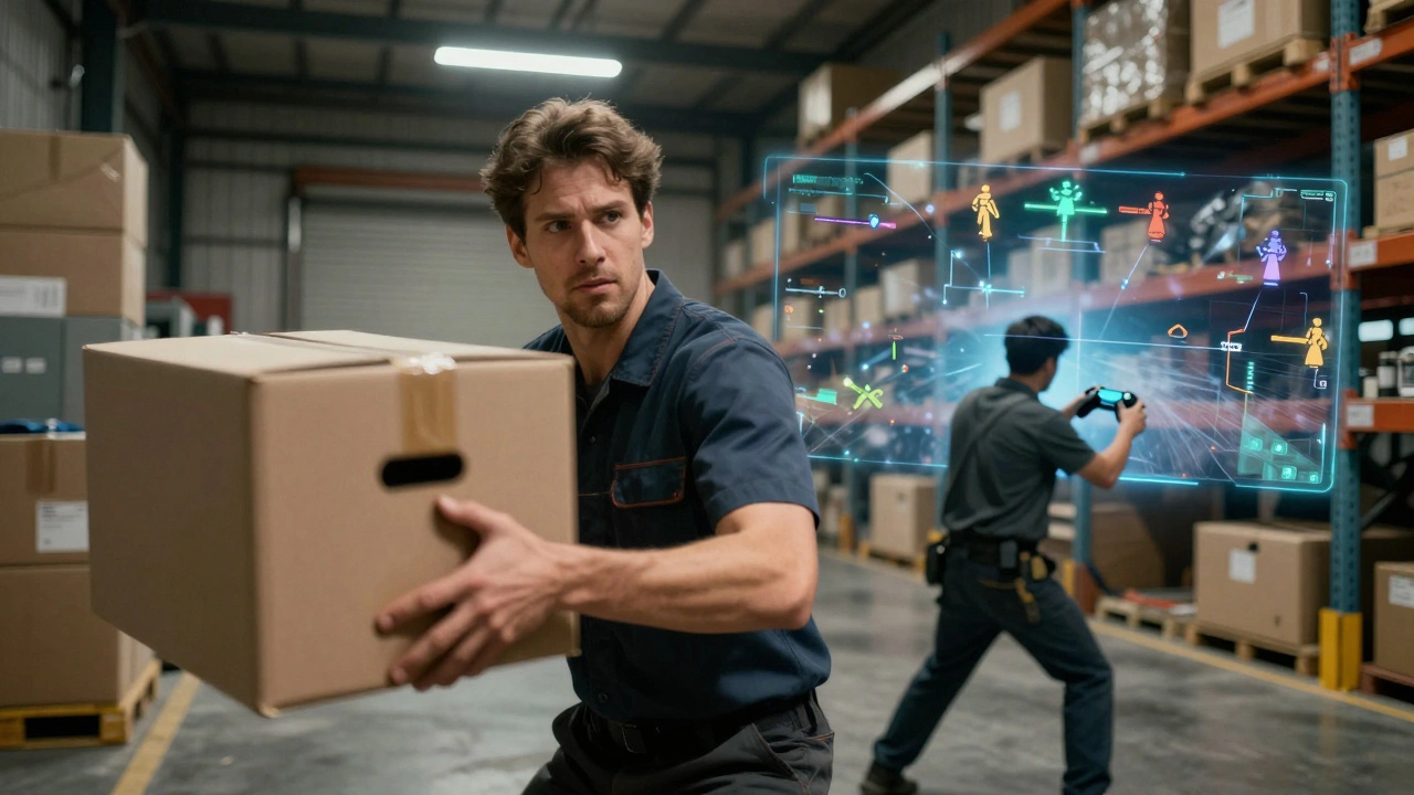 A worker gripping a box while mentally immersed in a battle game, shown with split reality visuals.