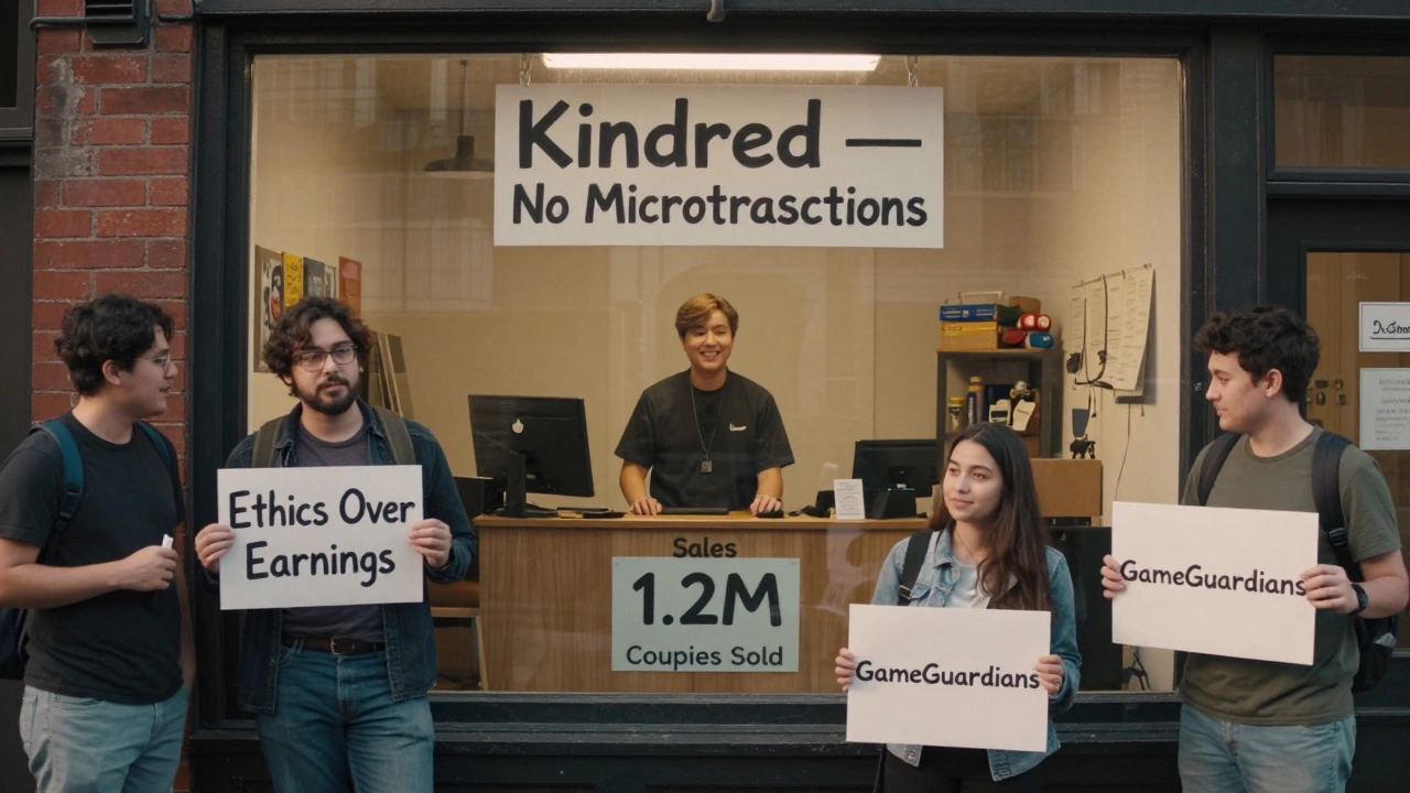 An indie studio with a 'No Microtransactions' sign and players celebrating 1.2 million copies sold.