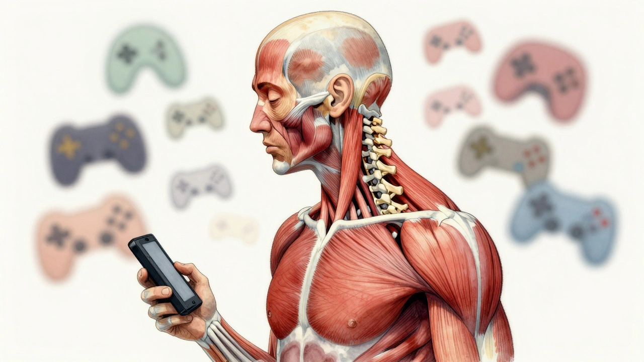 Anatomical illustration of a spine with flattened cervical curve due to forward head posture from prolonged gaming.