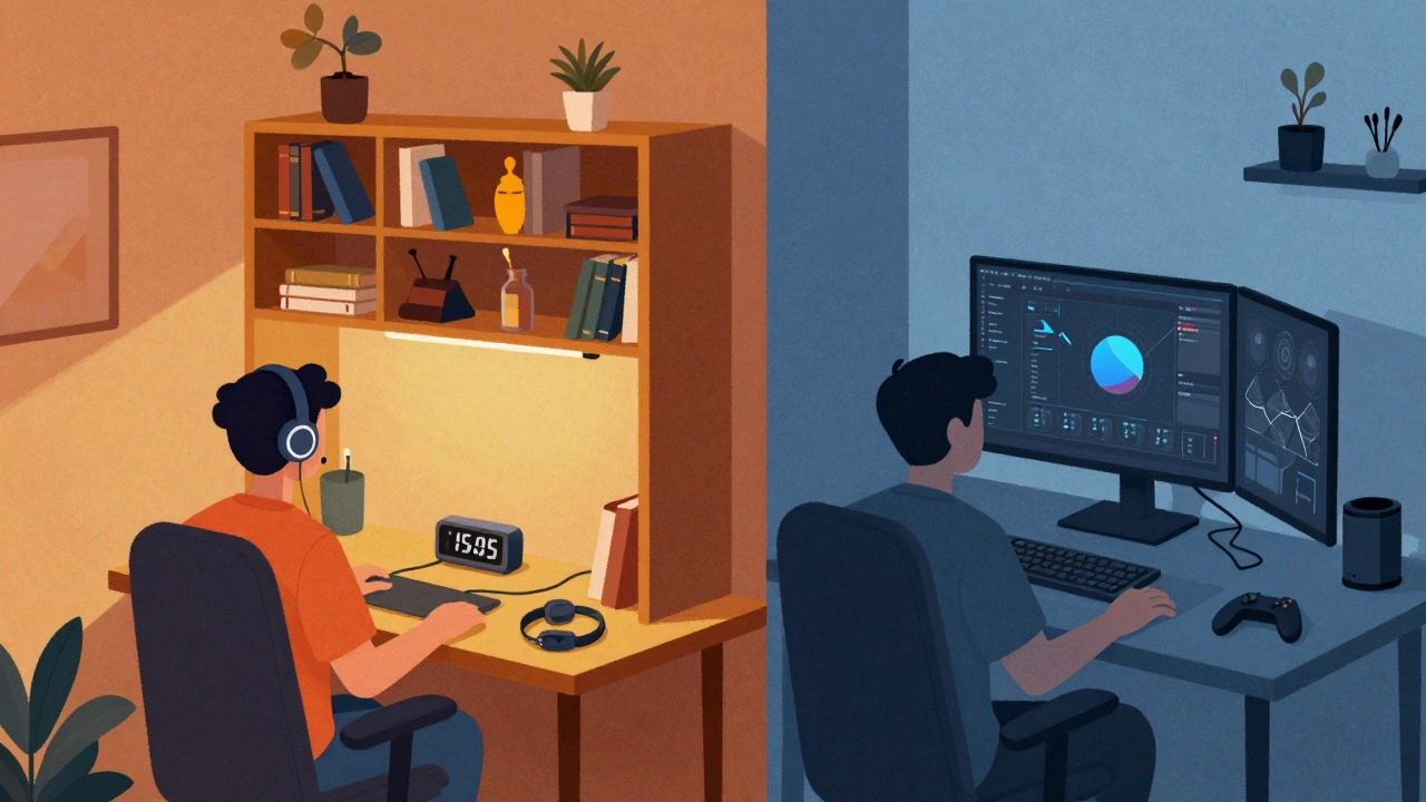 Bookshelf room divider separates workspace from gaming area, timer on desk, controller unplugged.