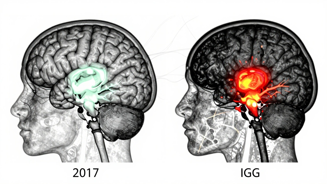 fMRI brain scan comparing healthy and IGD-affected regions, highlighting reduced prefrontal activity and heightened reward response.