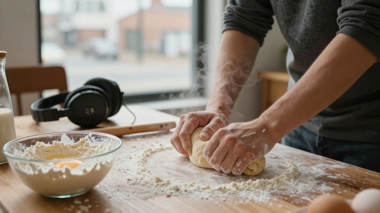 Hands kneading dough in a kitchen, with a gaming headset forgotten on a chair nearby.