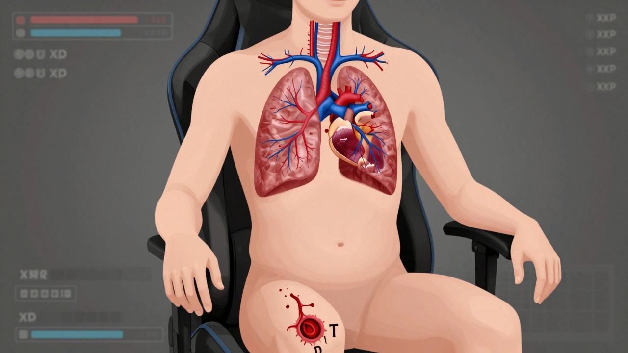 Medical illustration showing blood clot formation in the leg and travel to the lungs during prolonged gaming.
