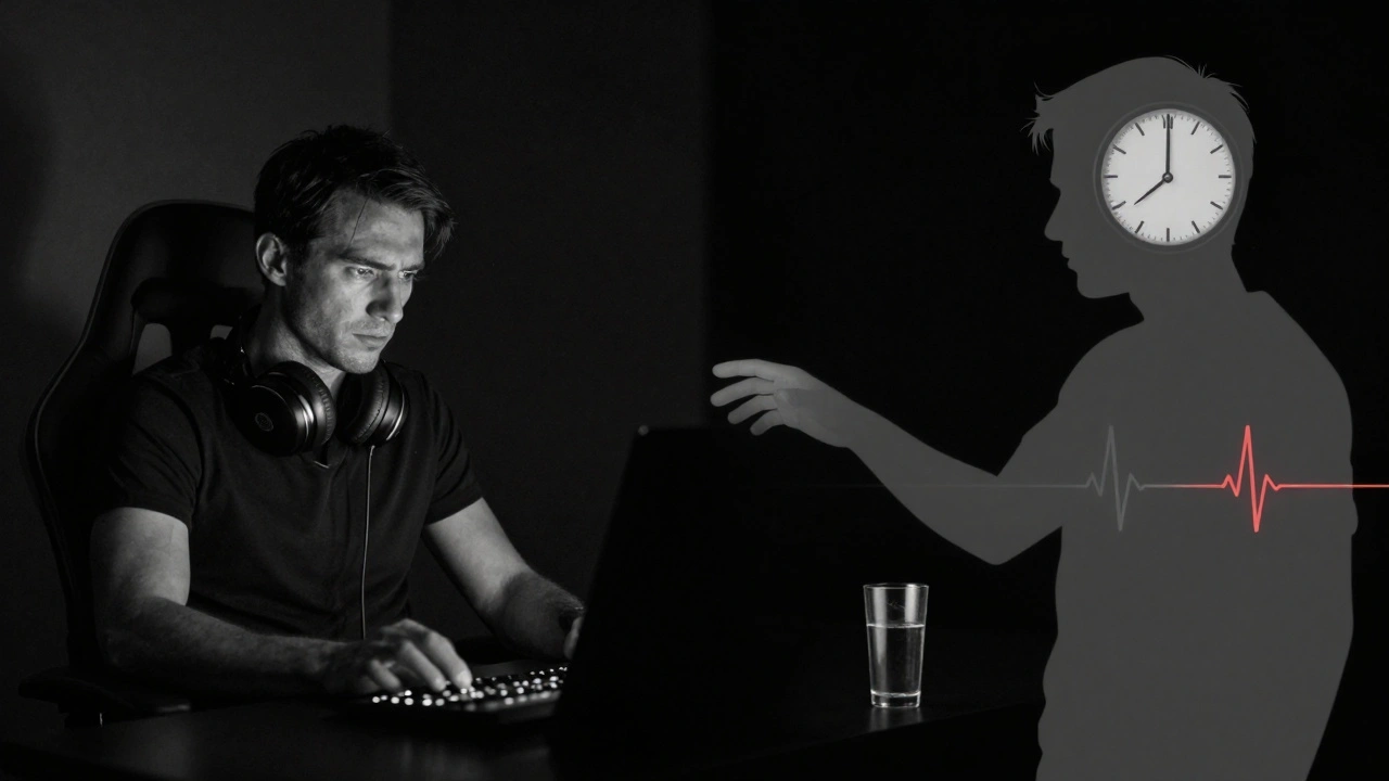 Split image of a gamer and their fading silhouette, with a ticking clock and flatlining heartbeat.