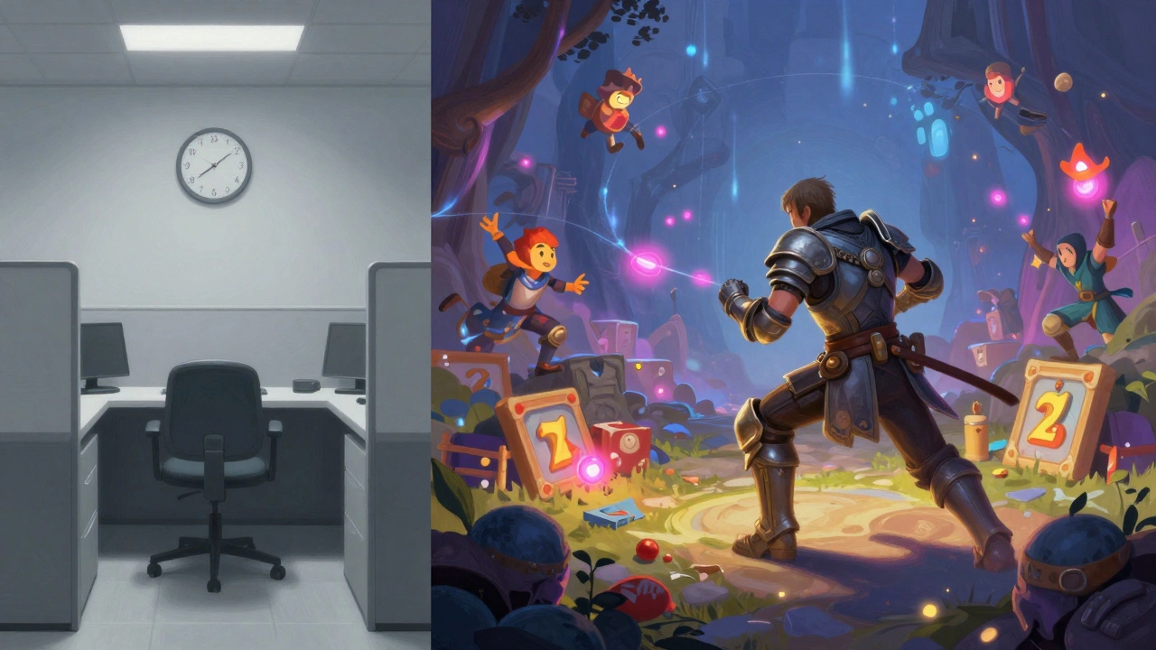 Split scene: a vacant office chair next to a vibrant video game battle, showing the contrast between real life and virtual world.