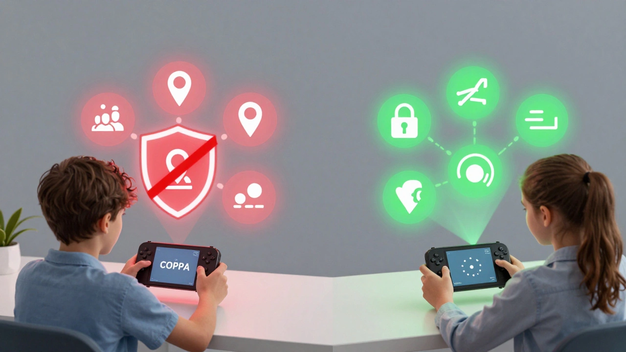 Split-screen comparison of U.S. and European mobile game compliance: COPPA restrictions on the left, GDPR-K protections on the right.