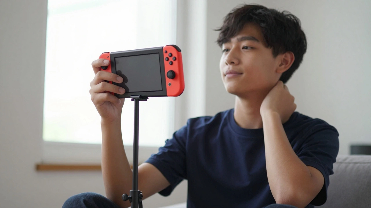 Teen using a small stand to hold handheld console at eye level, sitting upright with relaxed posture and natural lighting.