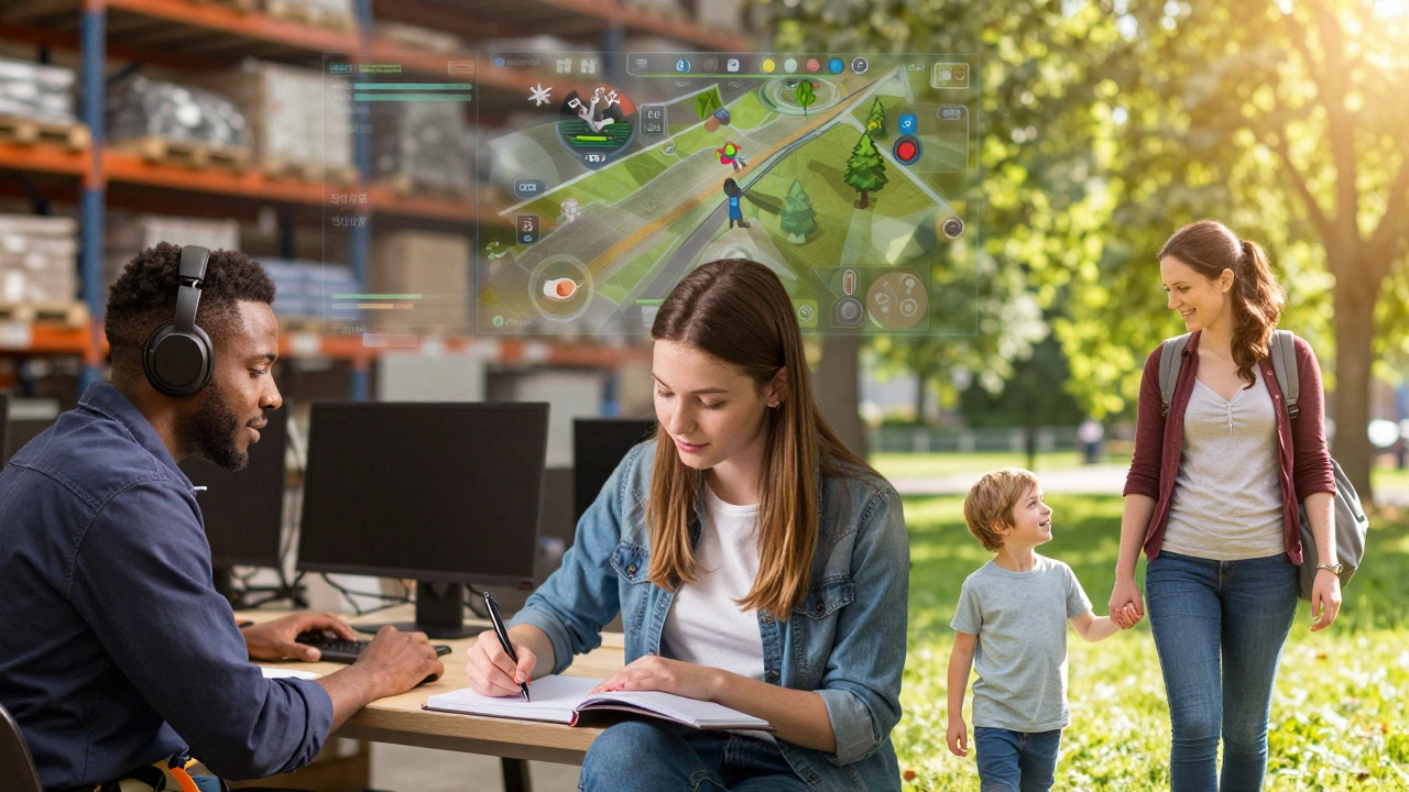 Three diverse individuals in Ireland transitioning from gaming isolation to real-life connection under warm sunlight.