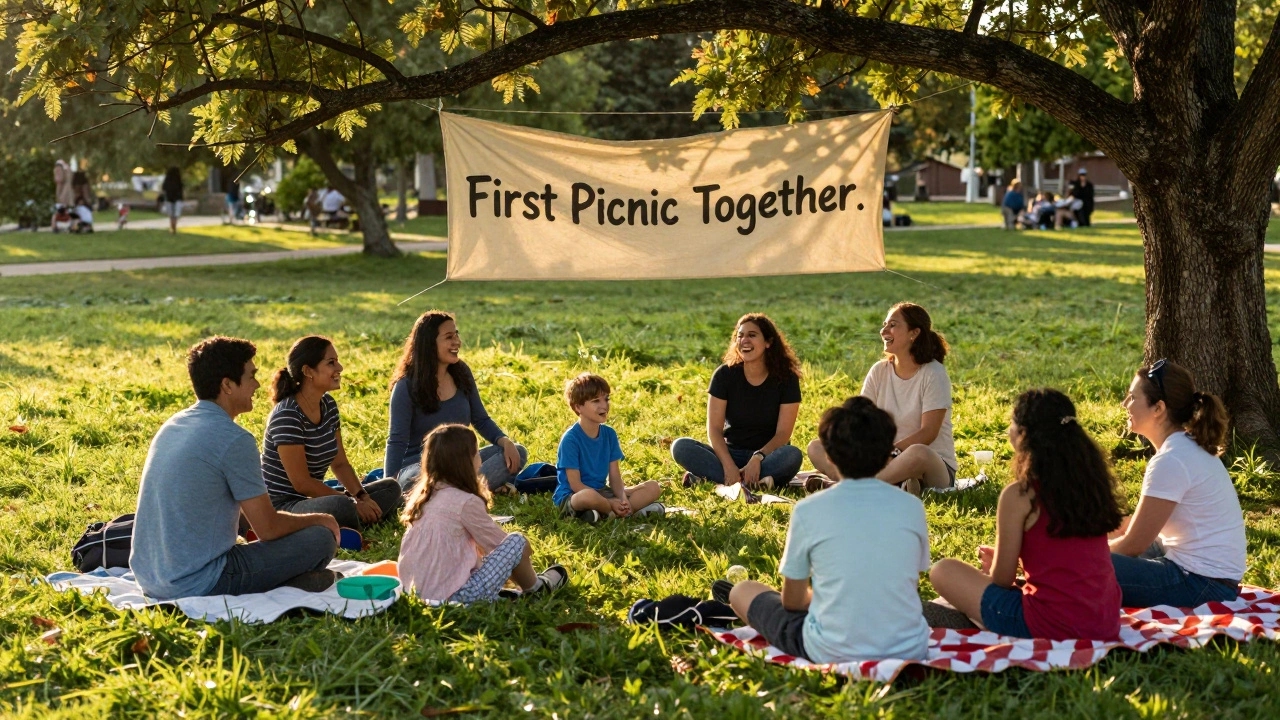 A diverse group of adults and children enjoying a park picnic, marking their first in-person gathering after months apart.
