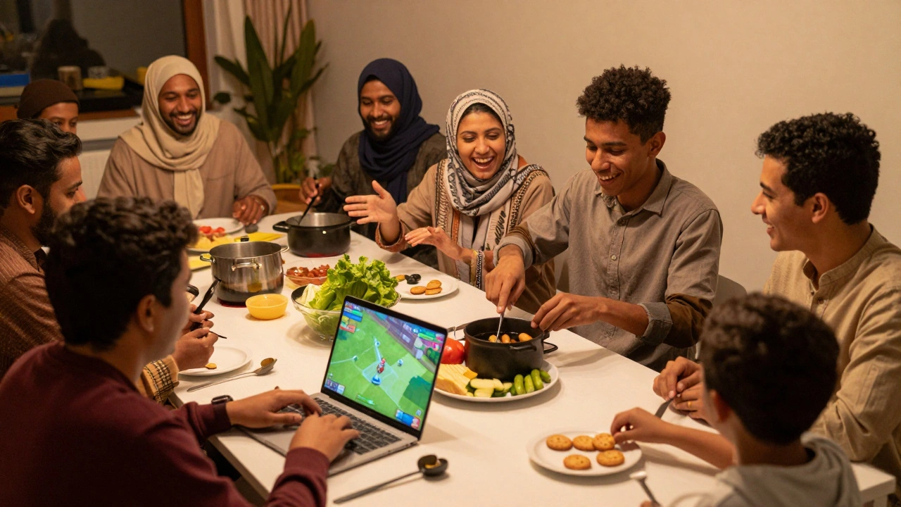 A diverse group of immigrants laugh together playing Overcooked at a community center, virtual chaos blending with real-life connection.