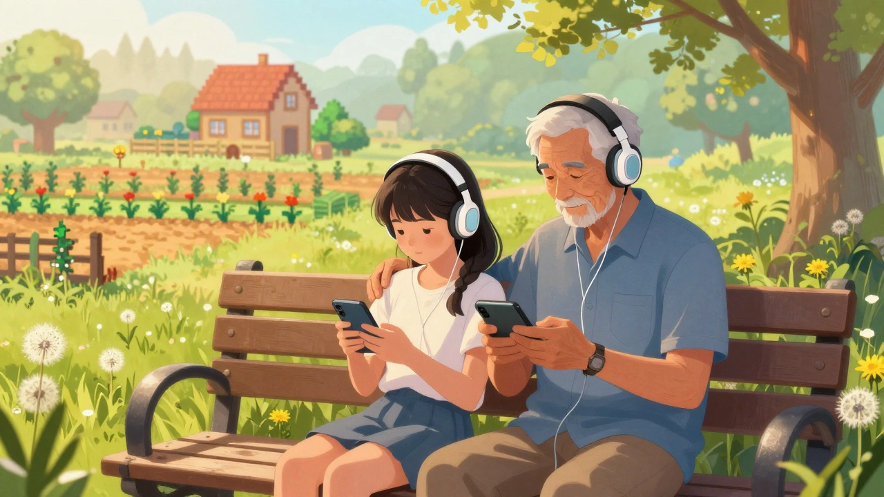 A father and daughter sit on a park bench at dawn, playing Stardew Valley side by side, their real and virtual worlds gently merging in soft morning light.