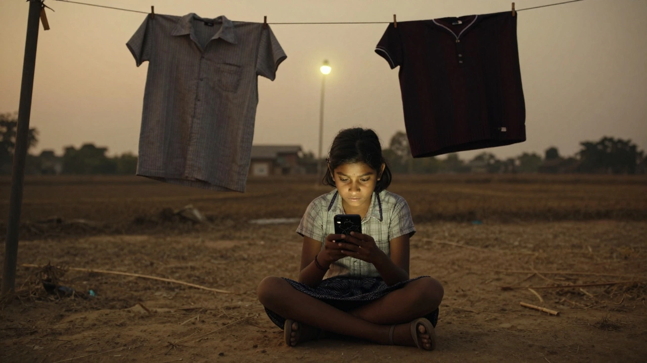 A girl in rural India gaming on a smartphone under a streetlamp, surrounded by quiet fields and a faded uniform.