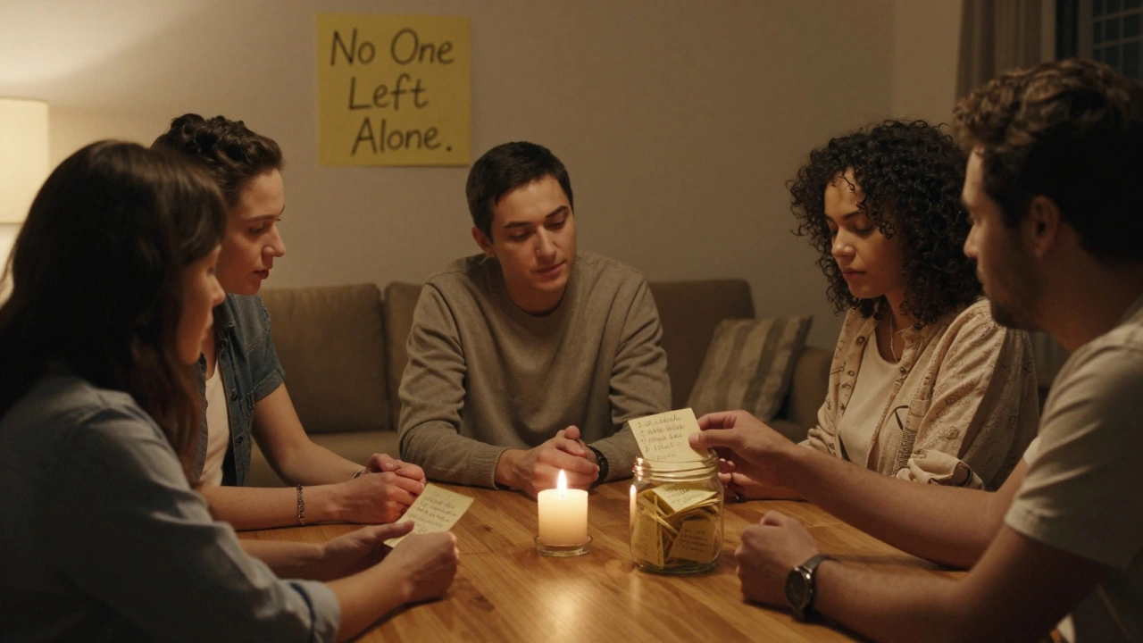 A group gathered around a jar filled with handwritten notes, symbolizing shared moments of connection and support.