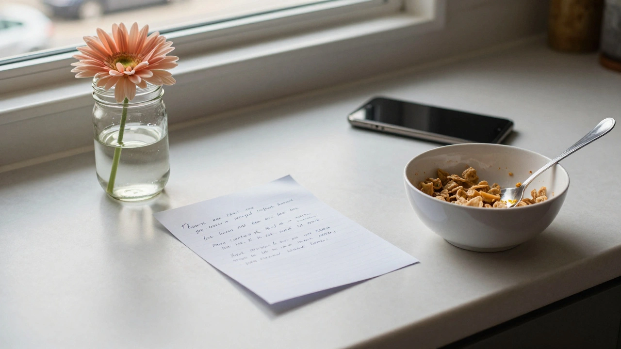 A handwritten note and flower left on a counter, suggesting a thoughtful, present friend.