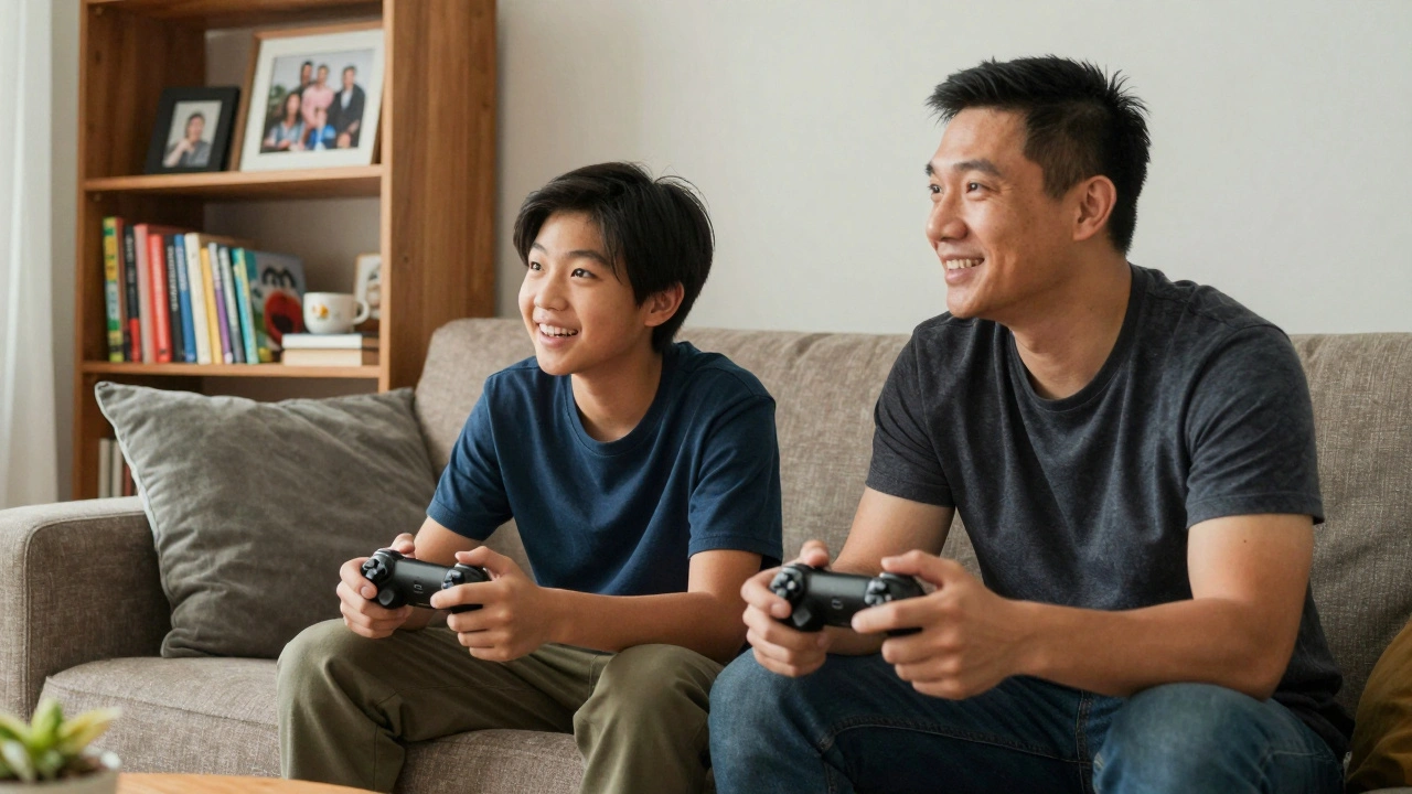 A parent and teen playing a video game together on a couch, sharing a smile in a cozy, culturally diverse home.