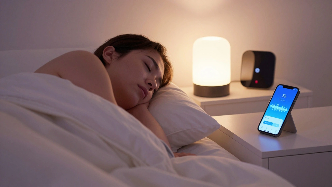 A person in bed with eyes closed, calm nightlight glowing, meditation app visible on a turned-off monitor.