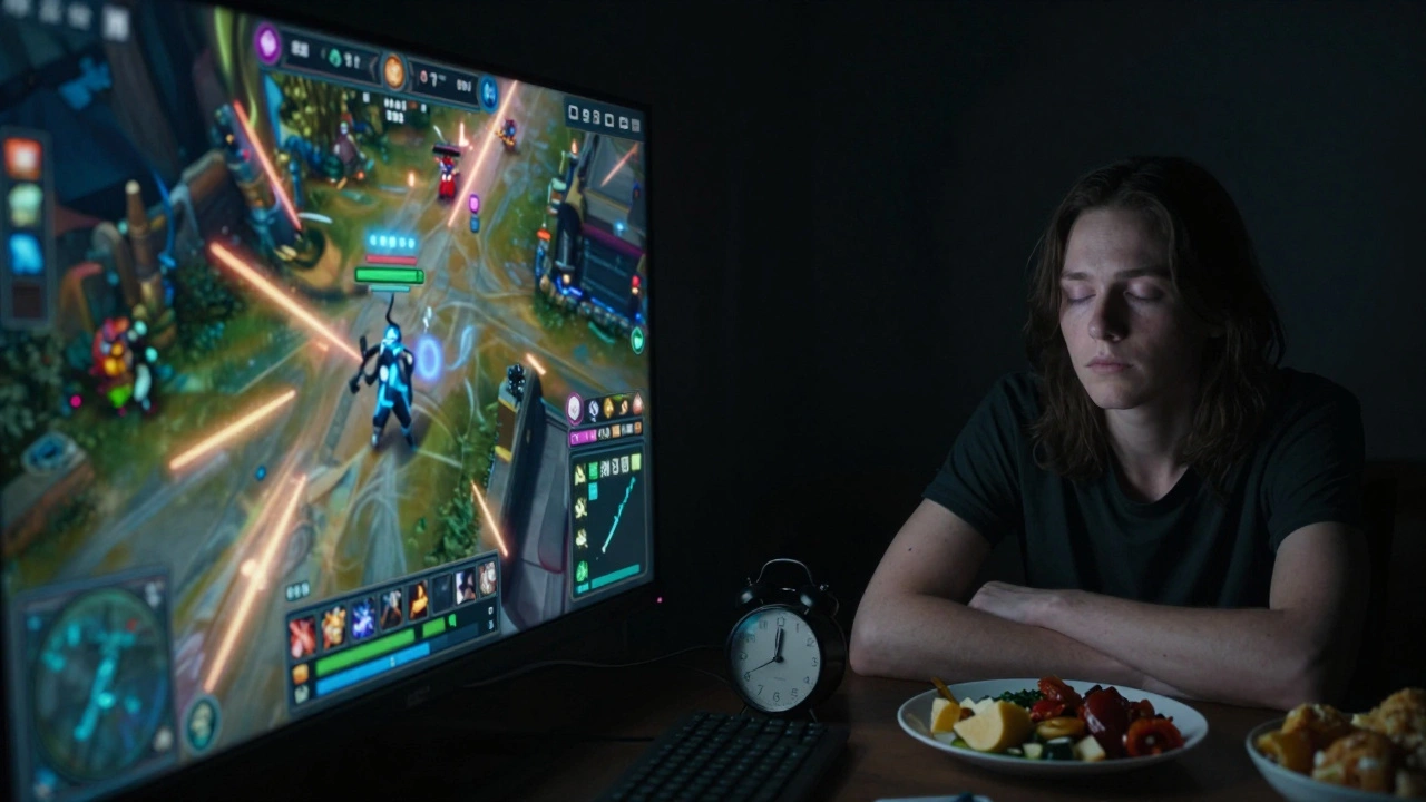 A person isolated in darkness, surrounded by gaming gear and a late-night clock, showing signs of compulsive play.