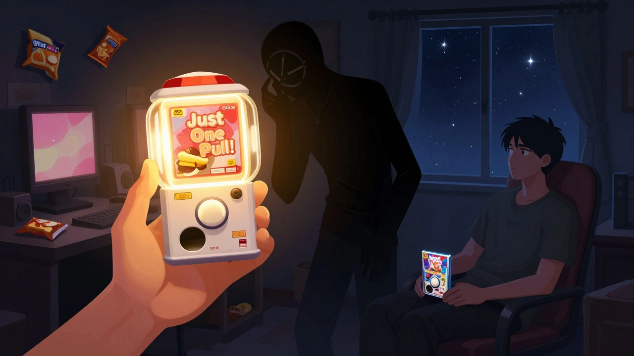 A player tempted by a glowing gacha capsule while a shadowy figure whispers, versus another enjoying a boxed game in peace.